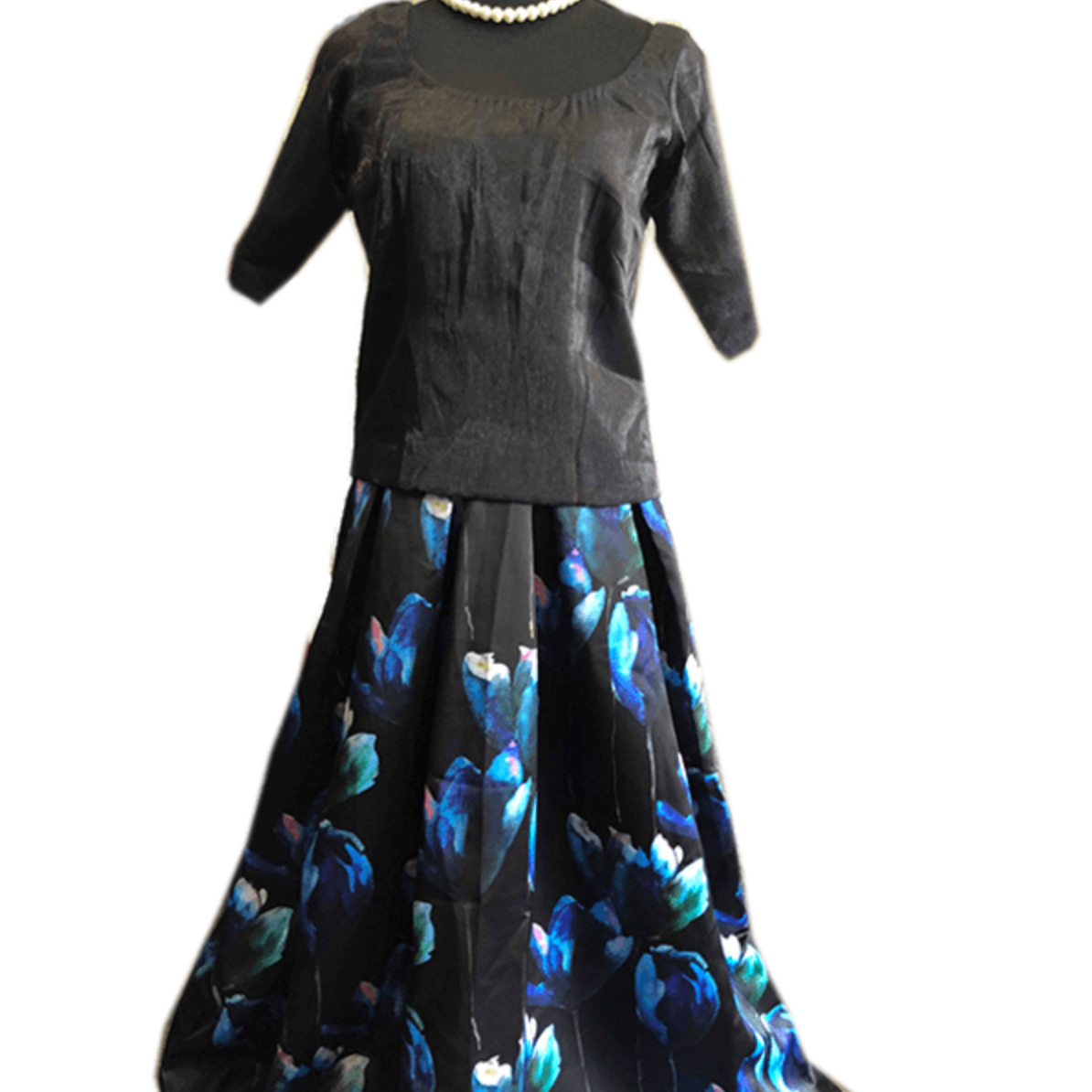 Floral Skirt with Black Blouse 